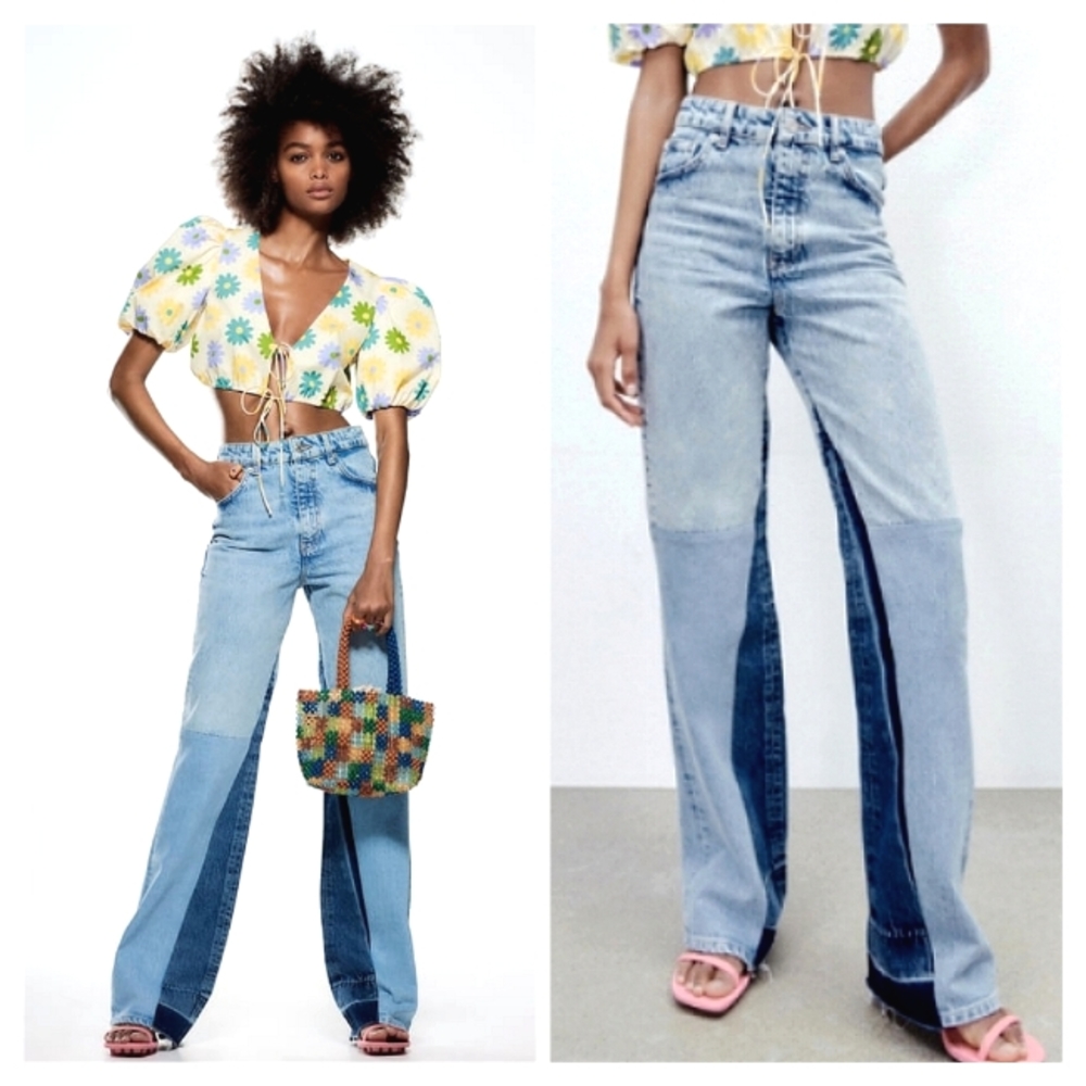 Zara Wide Leg Patchwork Collection Two Tone Jean Size 8